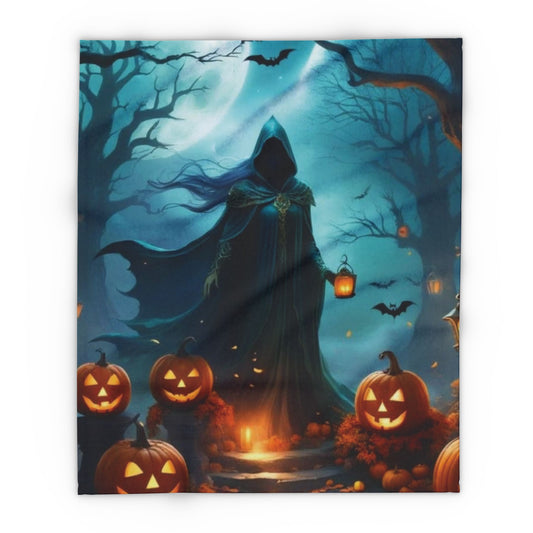 Elegant Halloween blanket featuring a mysterious figure with a lantern in a spooky landscape, pumpkins and bats, perfect for creating a warm and festive atmosphere—Decorative and Warm Halloween Spooky Arctic Fleece Blanket 3 Sizes.