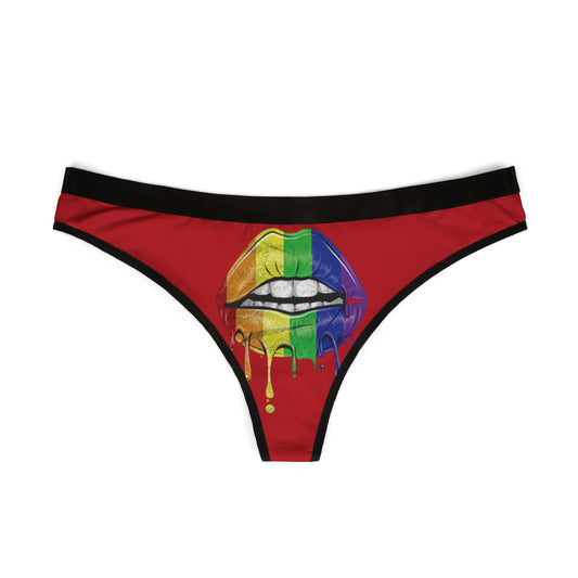 Elegant women's thong with a striking red background showcasing a graphic of rainbow lips, ideal for playful romantic occasions.