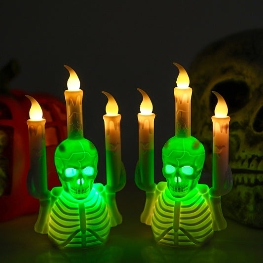 Charming Halloween Skull Candlestick Lamp showcasing glowing green light, perfect for adding a haunting touch to your Halloween decorations.