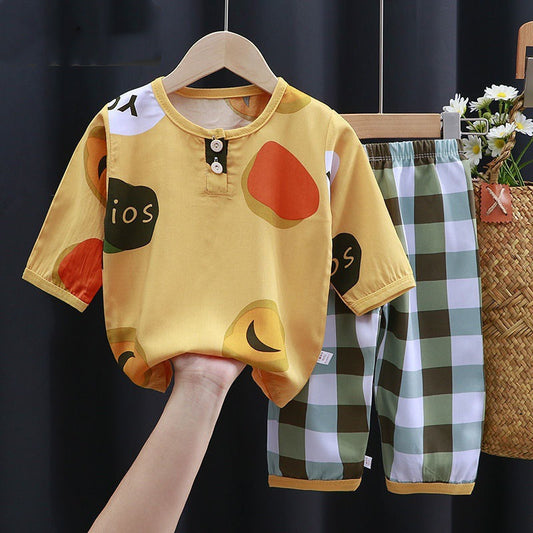 Summer Clothes Cotton Silk Air-conditioning Clothes Baby Clothes featuring a playful yellow outfit with a rounded neckline and stylish buttons, complemented by check-patterned pants.