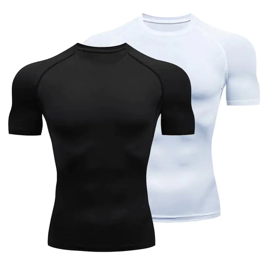 Set of Dazzling Dreams Compression Gym Activewear Tees in black and white, showcasing superior design and moisture management for unbeatable workout efficiency.