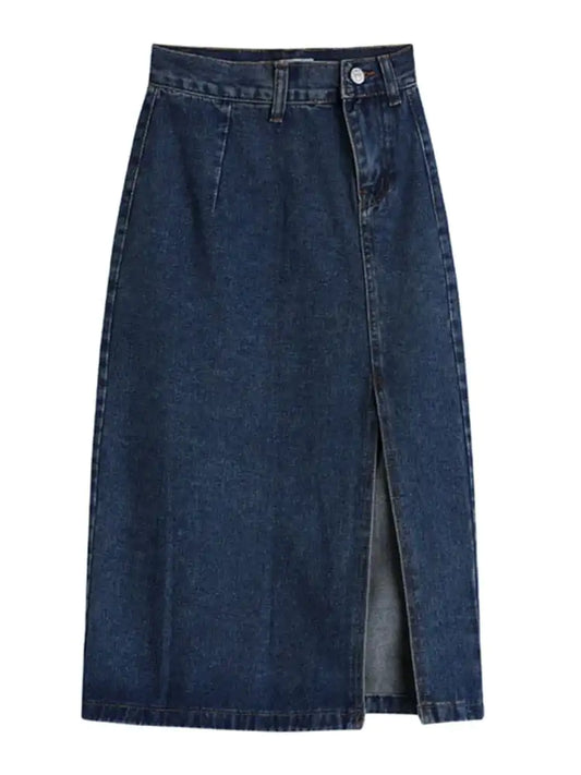 Elegant Women's Bellezze Fernanda Denim Skirt displayed flat, showcasing its tailored design and flattering side slit, ideal for any occasion.