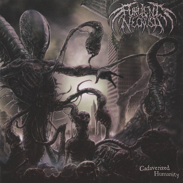 Purulent Necrosis - Cadaverized Humanity album cover artwork by Rancid Offal Records, showcasing dark and gothic elements typical of Death Metal genre.
