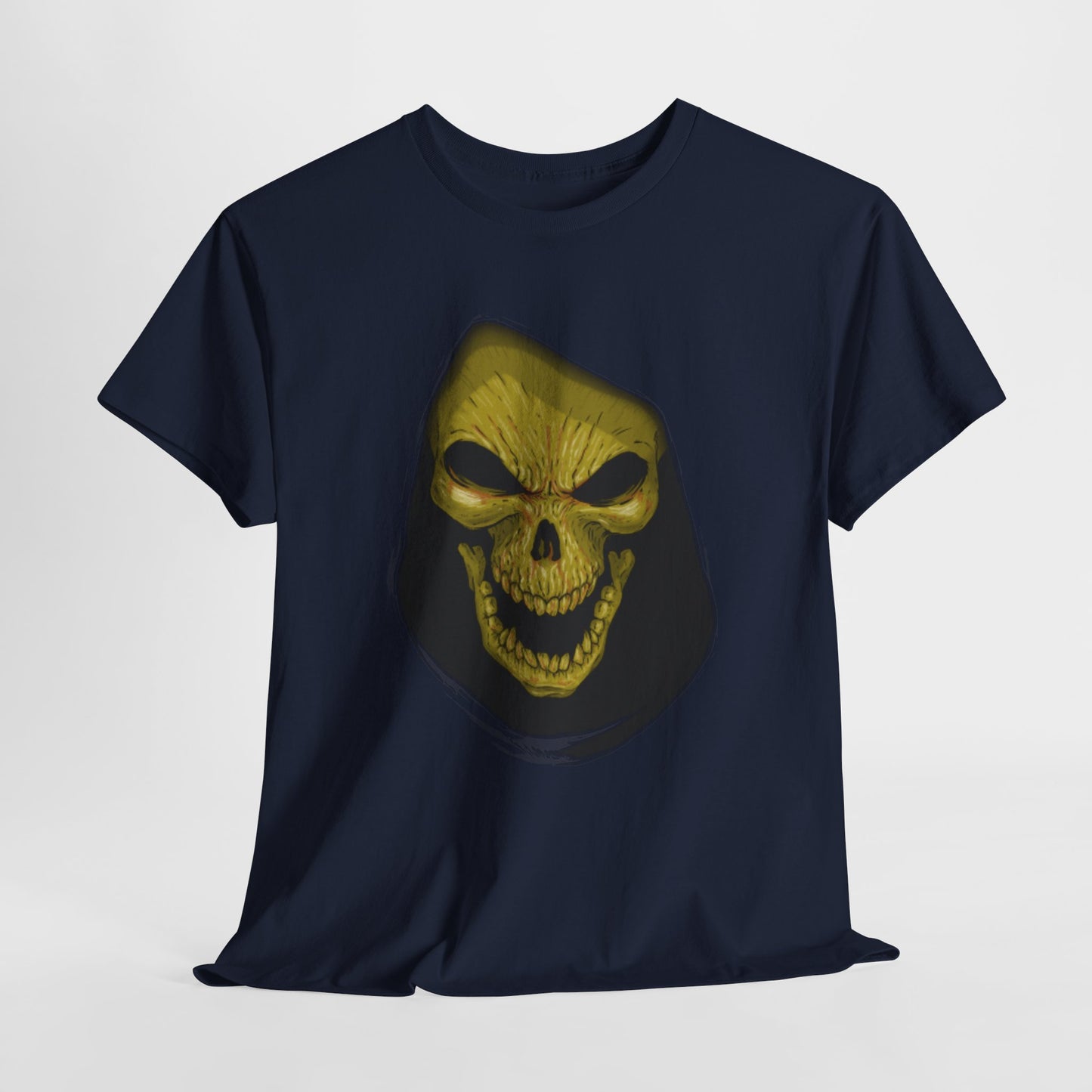 Skeletor He Man Unisex Mens Womens Graphic Funny T Shirt Tee Urban featuring a striking stylized skull design with a golden-yellow glow on a navy background, ideal for those who embrace a bold and rebellious fashion statement.