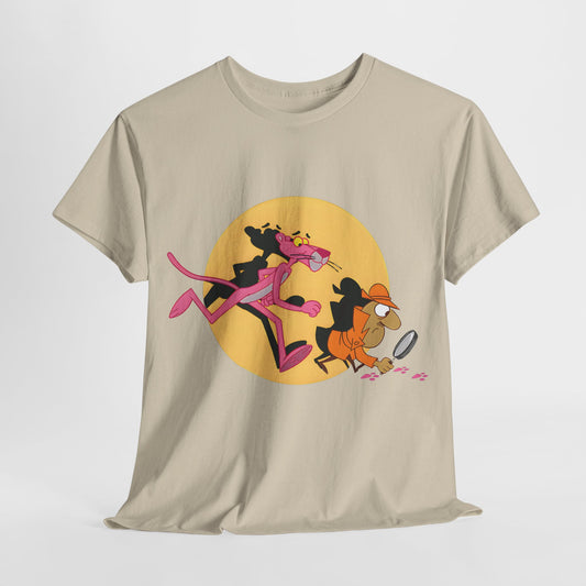 Luxurious Pink Panther Graphic T-Shirt featuring a whimsical design of the Pink Panther and a detective in vibrant colours, perfect for unisex casual wear.