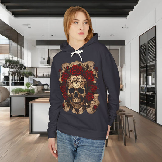 Elegant unisex lightweight hooded sweatshirt with striking skull and roses design, showcased in a chic kitchen environment.