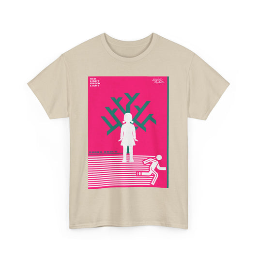 Elegant unisex Squid Game themed cotton tee, artfully designed with striking graphics and playful imagery, perfect for individuals who embrace contemporary street style.