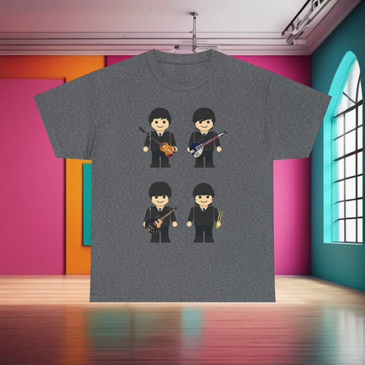 LEGO Beatles Graphic T-Shirt Urban Unisex Cotton Tee featuring artistic LEGO characters of The Beatles in a stylish design on a grey background.
