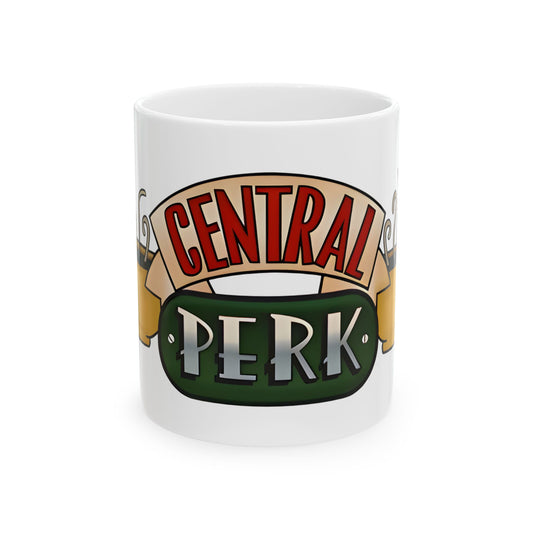 Central Perk Friends Retro Image 11oz Ceramic Mug showcasing the iconic Central Perk logo, a perfect gift for nostalgic coffee lovers.