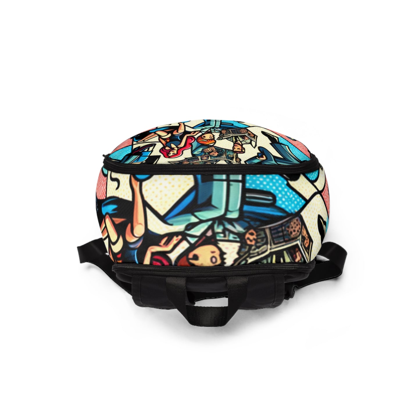 Lifestyle shot of the Vibrant Pop Art Abstract Backpack by Dazzling Dreams Studio on a fashionable individual, highlighting its unique design and practicality for modern living.