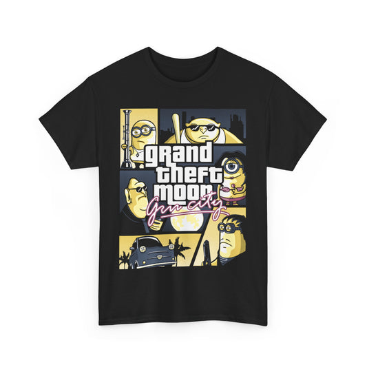 Minions Grand Theft Auto Mashup Unisex Men's Women's Graphic T Shirt featuring a whimsical 'Grand Theft Moon Gru City' design, perfect for fans seeking a funny and nostalgic vibe. T Shirt, Funny, Minions.