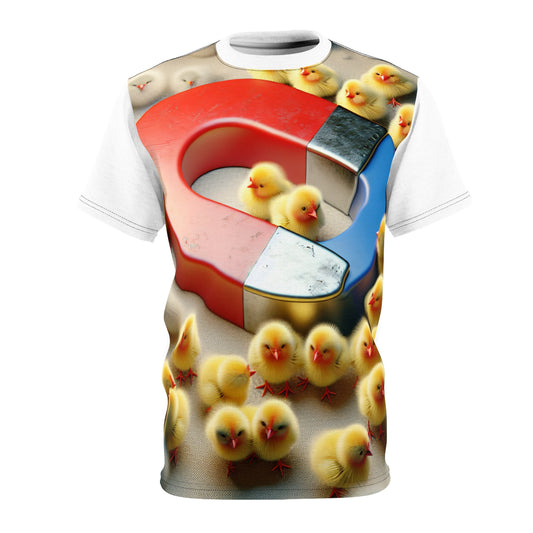 Luxurious soft fabric of the Chick Magnet T-Shirt, showcasing its eye-catching whimsical design of a magnet and adorable chicks, perfect for versatile styling by Dazzling Dreams Studio.