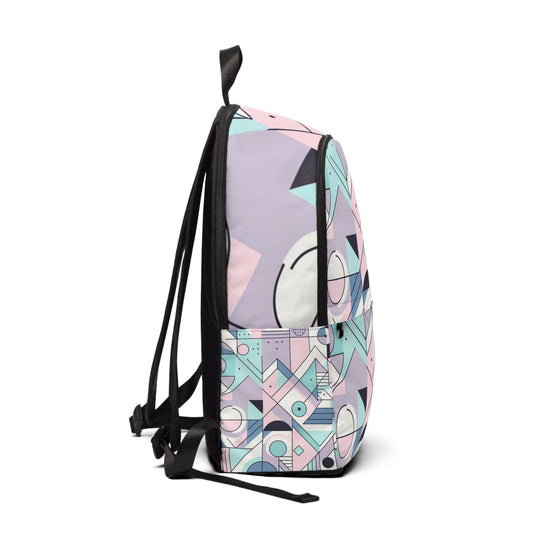 Side view of the Chic Geometric Pastel Backpack, highlighting its functional design and unique geometric patterns, ideal for trendy professionals seeking elegance and practicality in their accessories.