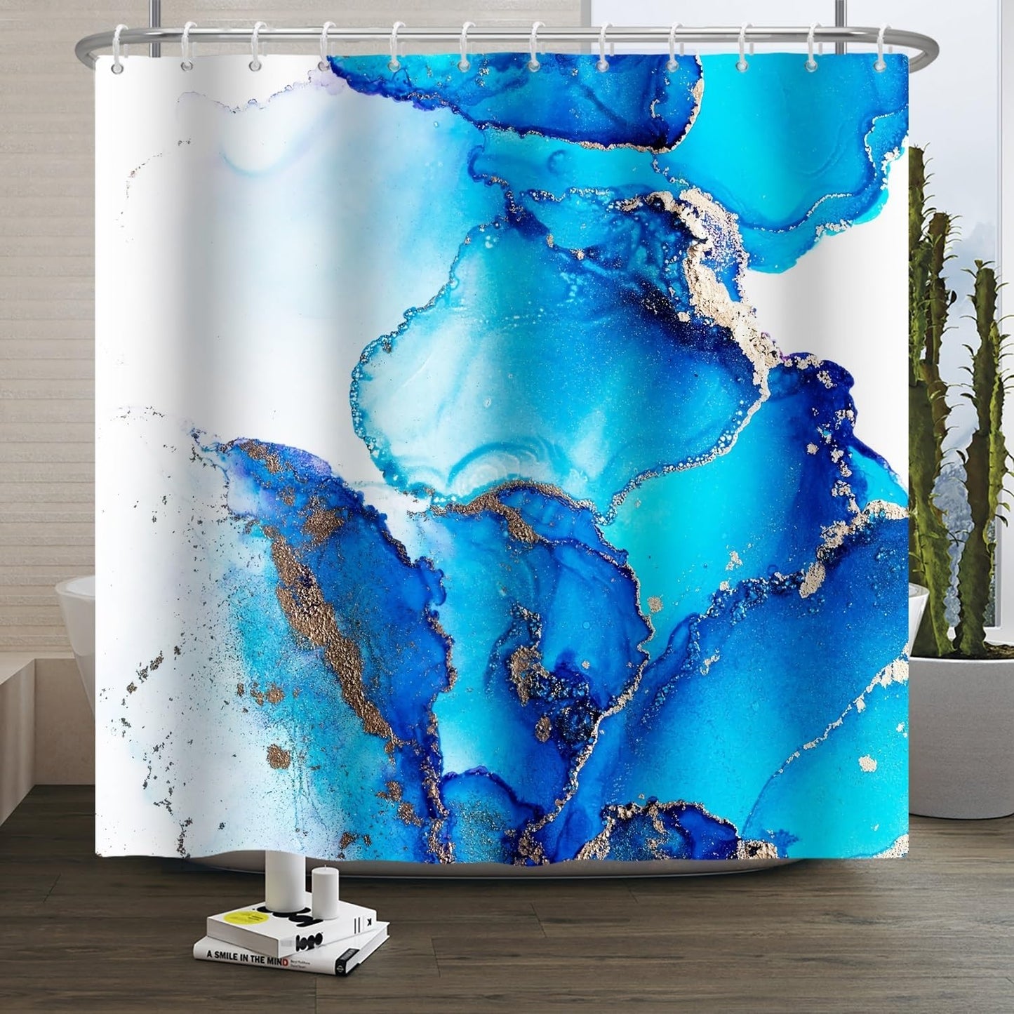 Xiaoterna Marble Shower Curtain Modern Luxury Blue Gradient Marble Waterproof Bathroom Curtain Abstract Art Gilding Wave Textured Washable Mildew