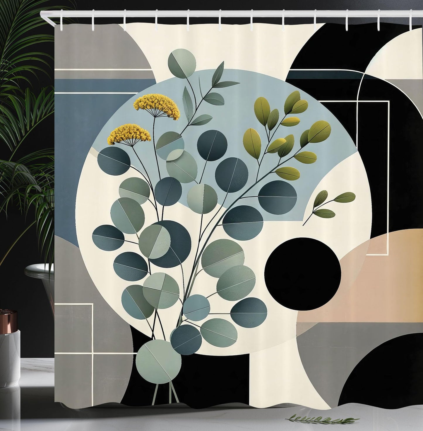 ABAKUHAUS Eucalyptus Leaves Shower Curtain, Cold Mid Century, Cloth Fabric Bathroom Decor Set with Hooks, 175 x 200 cm, Black Blue-Grey Green