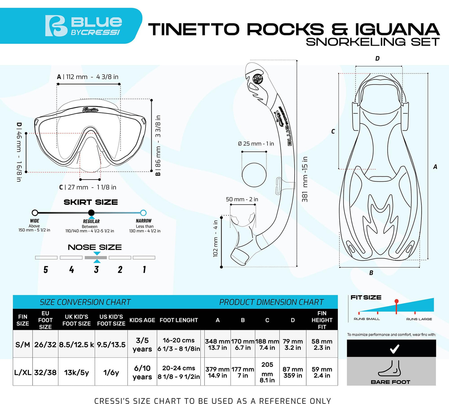 CRESSI Tinetto Rocks Dry Set Blue Navy/Ice Cyan L/XL - Kids Snorkeling Set Short Adjustable Fins, Silicone Mask, and Dry Snorkel, Blue Navy/Ice Cyan,