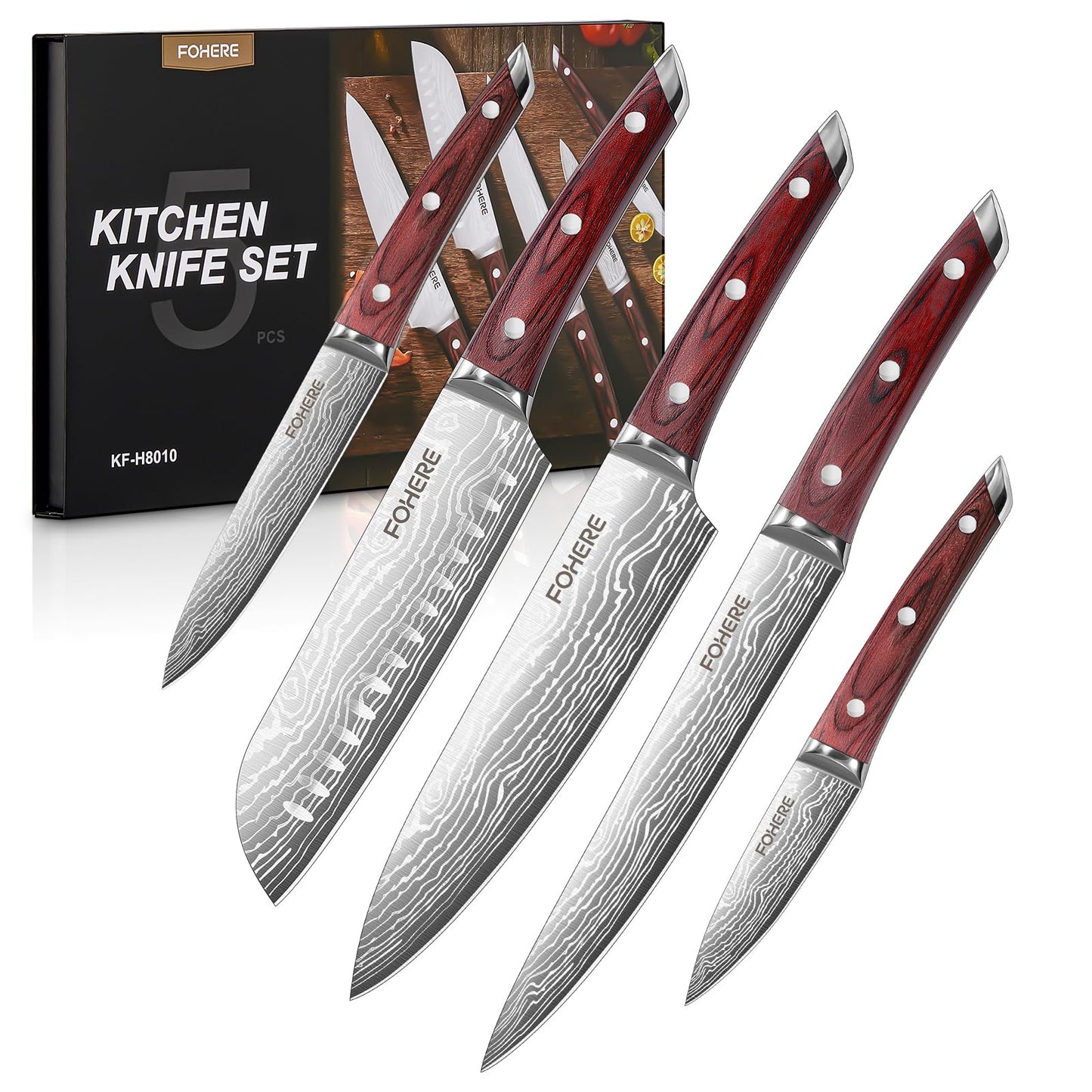FOHERE Kitchen Knife Set with Ergonomic Red Pakkawood Handle, 5 Pieces Professional Ultra Sharp Chef Knife Set, High Carbon Stainless Steel Knives Set