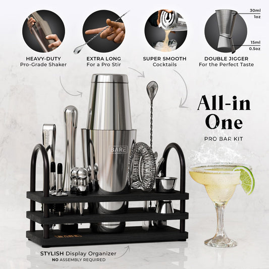 BARE BARREL Cocktail Making Kit | 14-Piece Bartender Kit Cocktail Shaker Set Maker | Display Stand & 35 Recipe Cards | Mixology Cocktail Gift Set