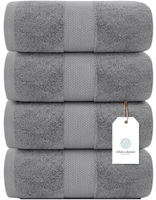 White Classic Luxury Bath Towels Large Pack of 4, Hotel Quality Bathroom Towel 137 x 68 Set, Grey Shower Cotton Towels 4 Pack, Large Thick Plush Bath