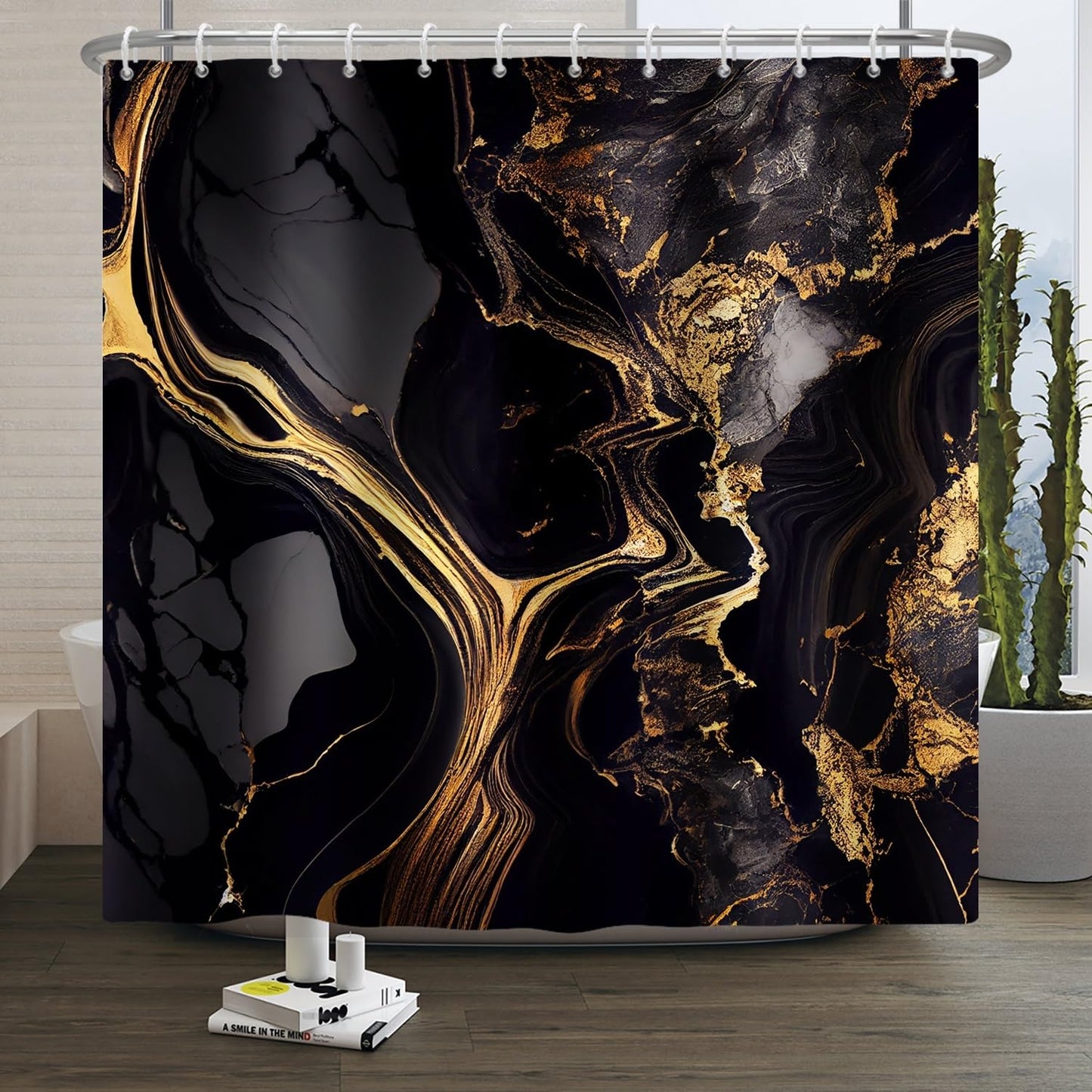 Xiaoterna Abstract Black and Gold Marble Shower Curtain With Sparkling Modern Luxury Waterproof Fabric, Machine Washable, 180x180cm
