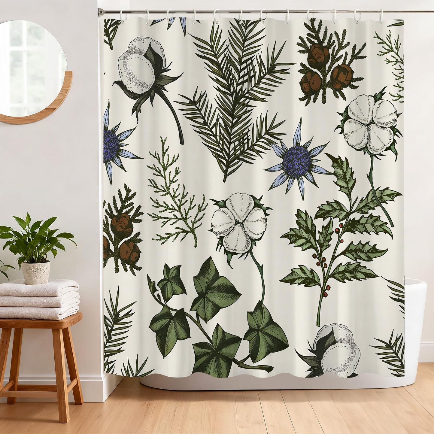 BREASOME Plant Shower Curtain 180 x 180 cm Green Leaves Floral Shower Curtain for Bathroom Decor Mould Proof Waterproof Polyester Fabric Bath Curtain