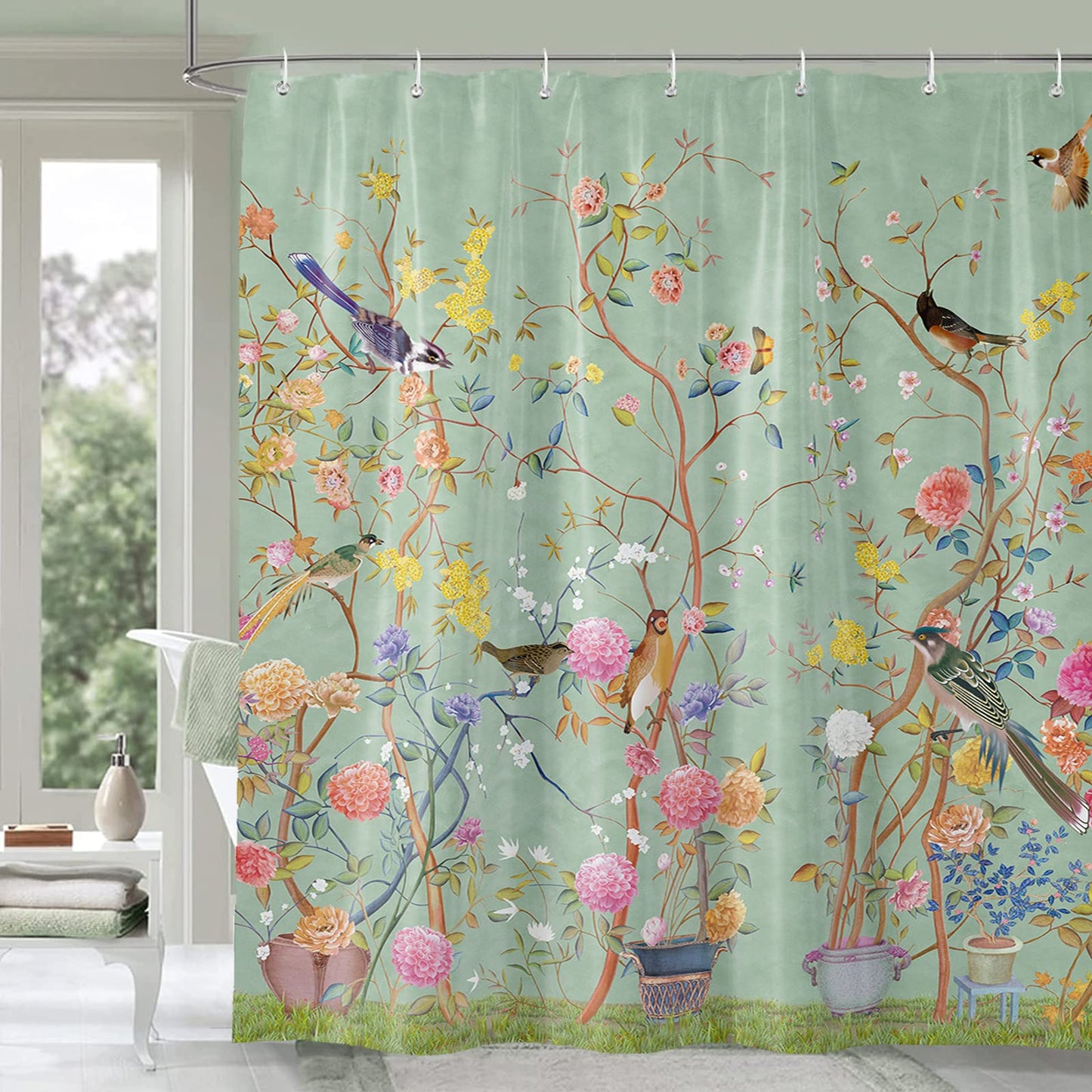 Shower Curtain Green Mould Proof Resistant Waterproof Bird Floral Bathroom Curtains with 12 hooks Quick-Drying Weighted 180x180cm (71x71Inch)