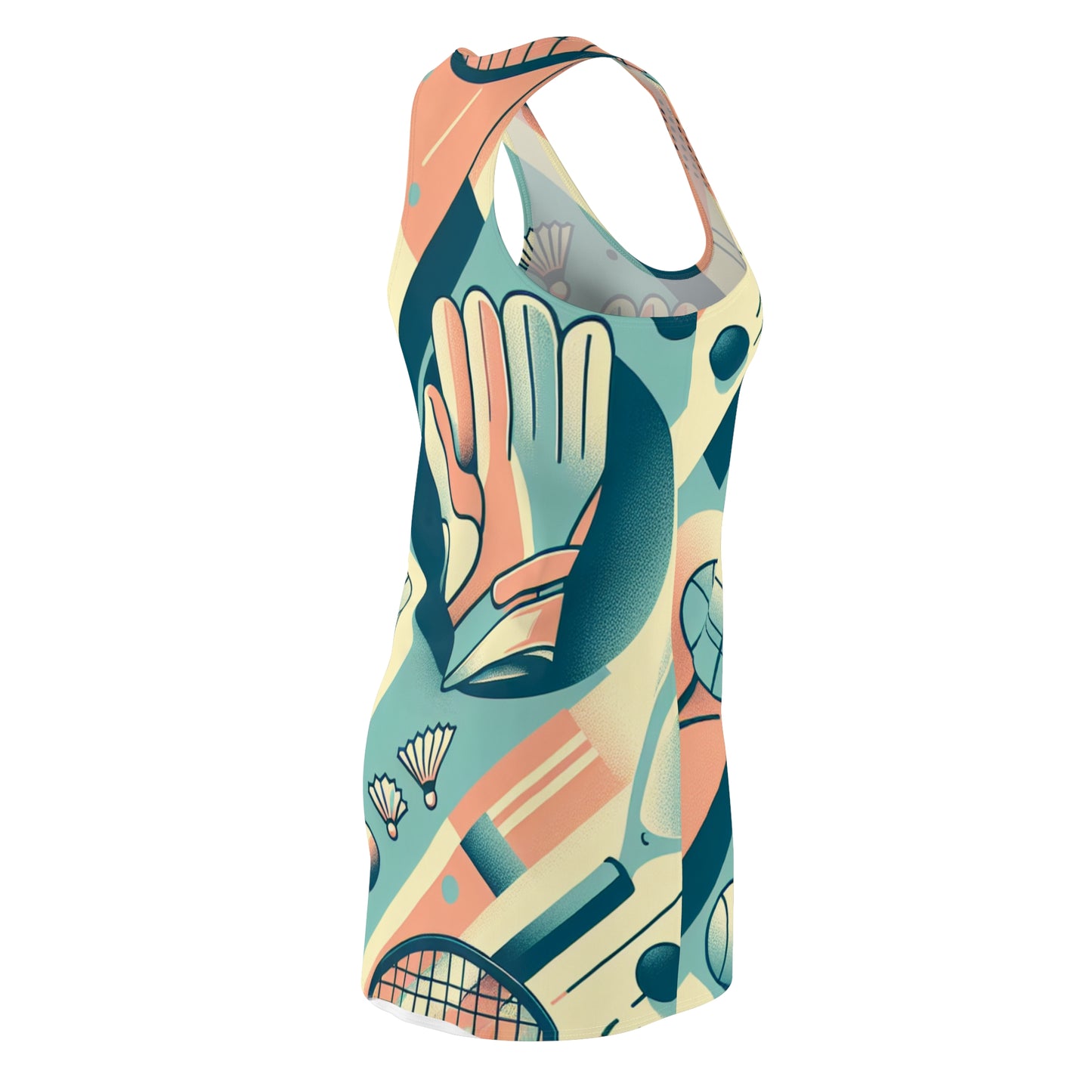 Model wearing the Valentina Sterling Racerback Dress, blending femininity and athleticism with vibrant pastel sports motifs.