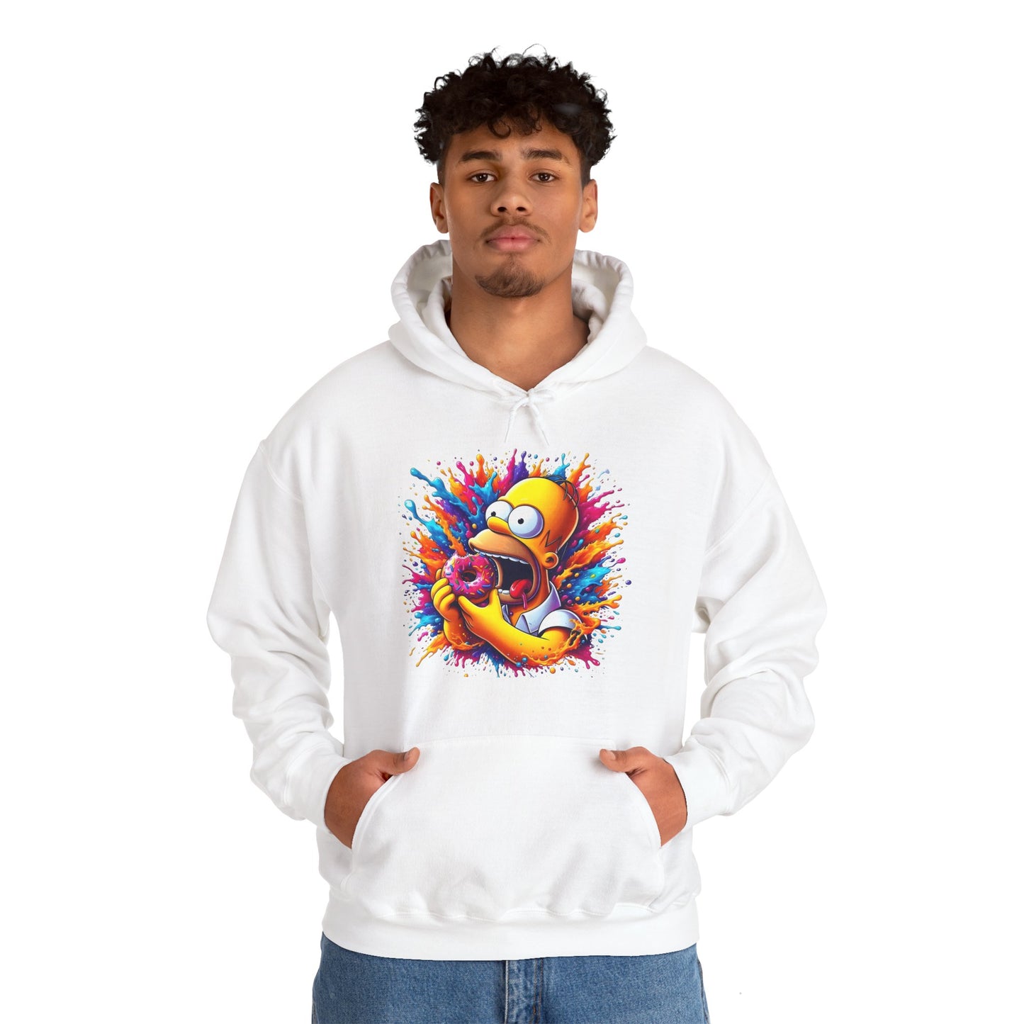 Elegant unisex Urban Homer’s Hungry Delight Graphic Lightweight Hooded Sweatshirt featuring a colourful depiction of Homer Simpson with a donut, merging luxury fashion with playful pop culture.