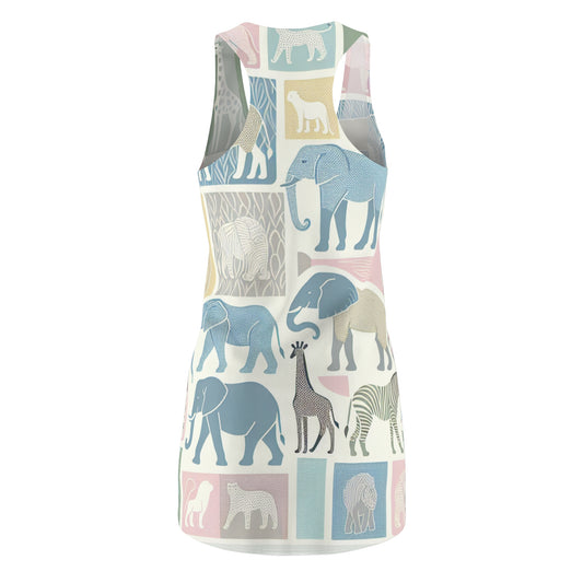 Maxwell Bravura Women's Racerback Dress with Whimsical Animal Pattern in Pastel Colours featuring a vibrant display of giraffes and lions in a captivating design.