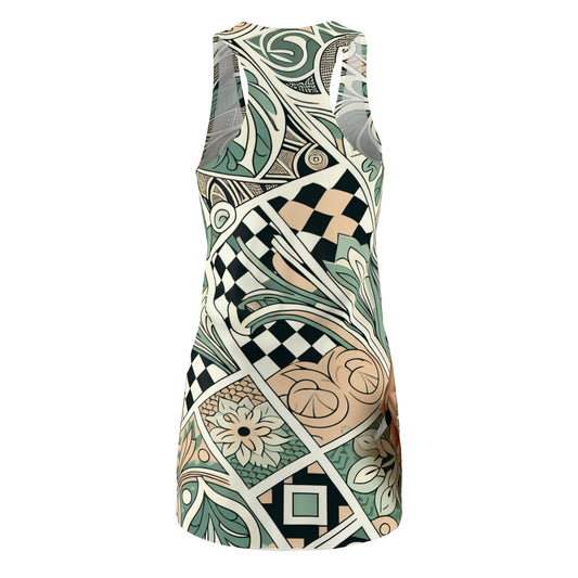 Stylish reverse view of the Vivienne Belmont Pastel Green Racerback Dress, highlighting the contemporary organic pattern design and racerback cut.