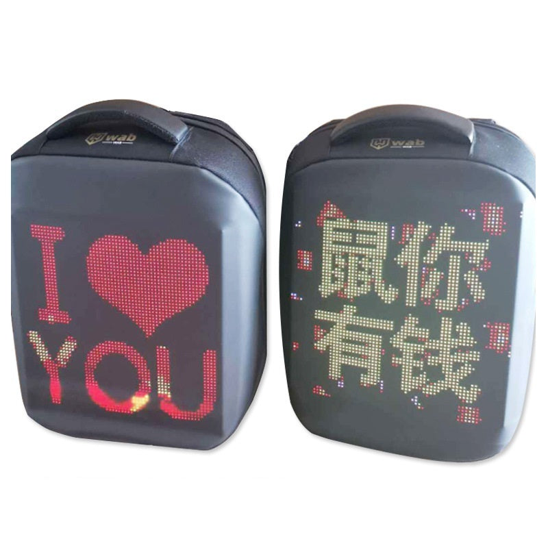 Luxury LED Advertising Backpack Screen showcasing vibrant graphics that read 'I love YOU' on one side and a detailed pattern in another. Perfect for mobile advertising, this innovative backpack integrates a high-resolution display to create eye-catching promotional messages.