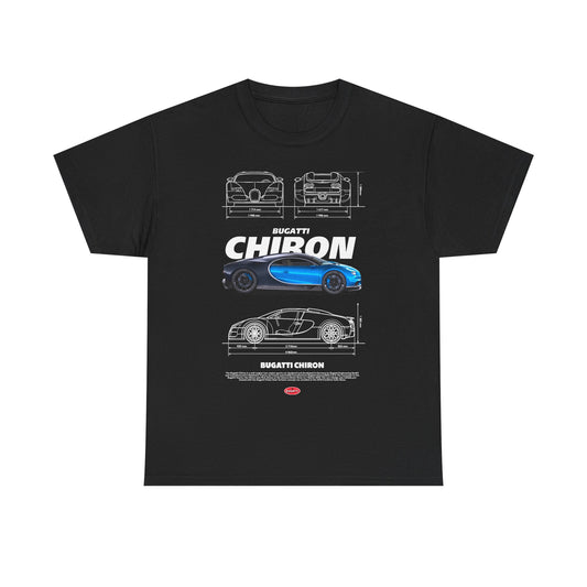 Men's black t-shirt showcasing a stunning Bugatti Chiron graphic with multiple angles and intricate design details.