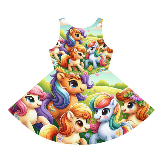 Serena Blissington Girls Sundress showcasing a bright cartoon pony design that dances across the fabric, encapsulating whimsical summer charm.