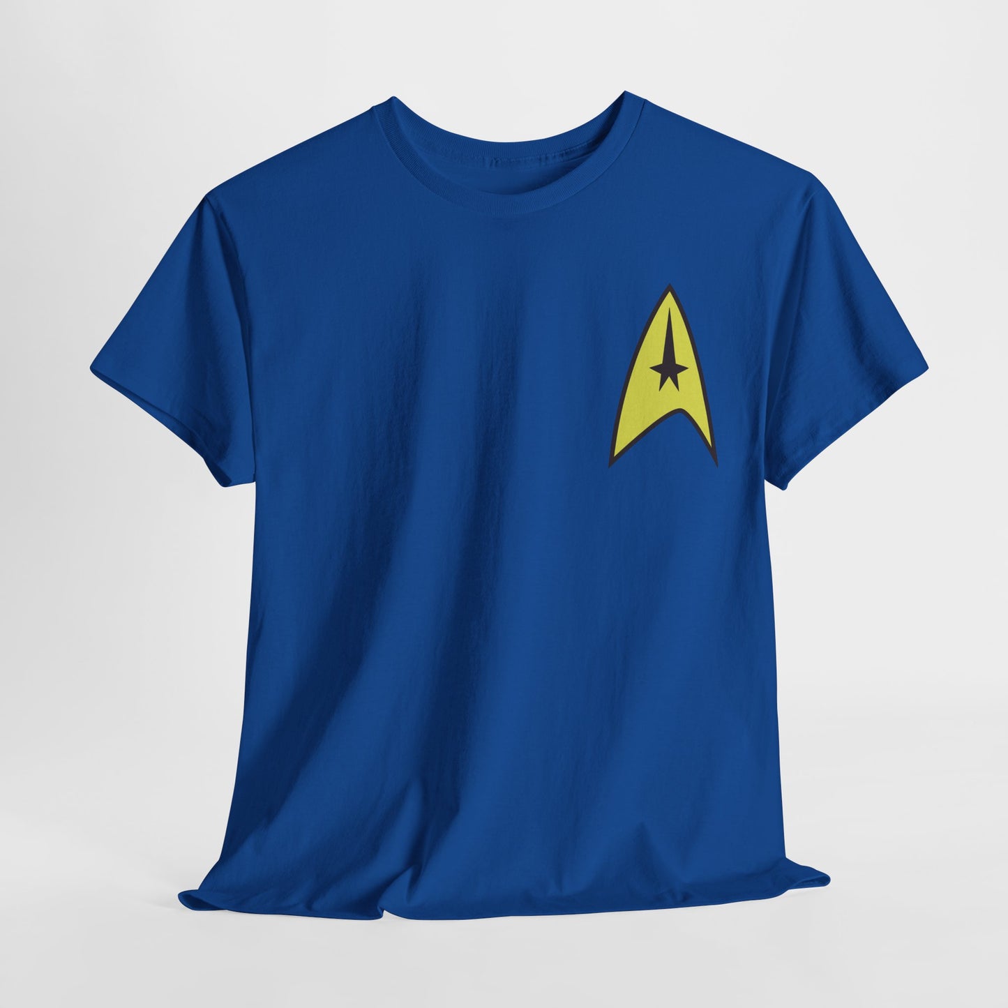 Star Trek Starfleet uniform Unisex Men's Women's Graphic T Shirt Tee elegantly displayed, showcasing the iconic yellow starburst emblem against a luxurious blue backdrop.