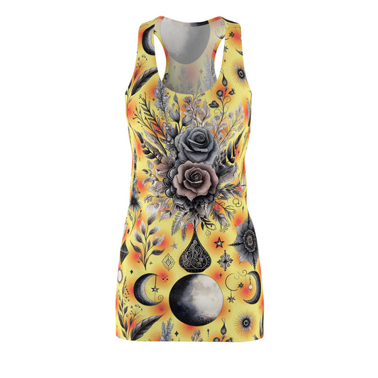 Front view of the Chic Women's Designer Racerback Dress showcasing a stunning floral and celestial pattern in warm colours, perfect for stylish summer outings and beach vacations.