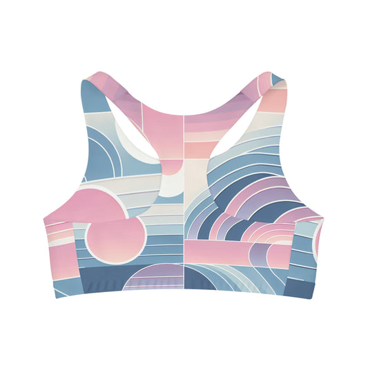 Detailed view of the Celeste Rutherford Pastel-Gradient Sports Bra, crafted for stylish comfort and optimal performance, made from luxurious microfiber polyester and spandex.