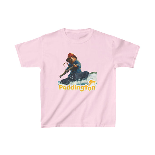 Unisex Kids Paddington in Peru Cotton T Shirt Tee showcasing Paddington Bear in a playful scene rowing through vibrant waves, combining comfort and whimsical charm for style-savvy children.