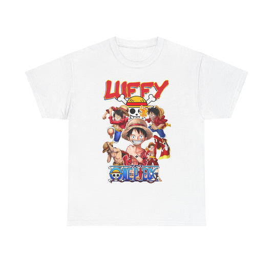 Stylish white graphic T-shirt adorned with colourful illustrations of Monkey D. Luffy and his crew, embodying the adventurous spirit of One Piece, perfect for casual luxury wear.