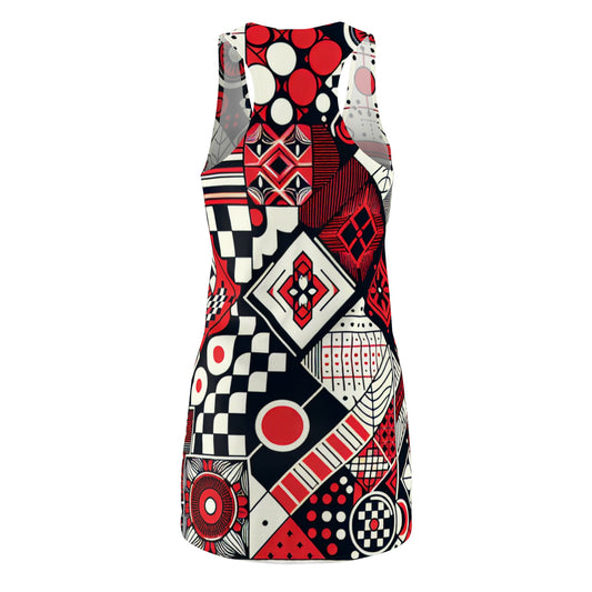 Close-up of the Valeria Belmonte Racerback Dress highlighting its unique design with bold red checkerboard and intricate organic motifs, embodying sophisticated style.