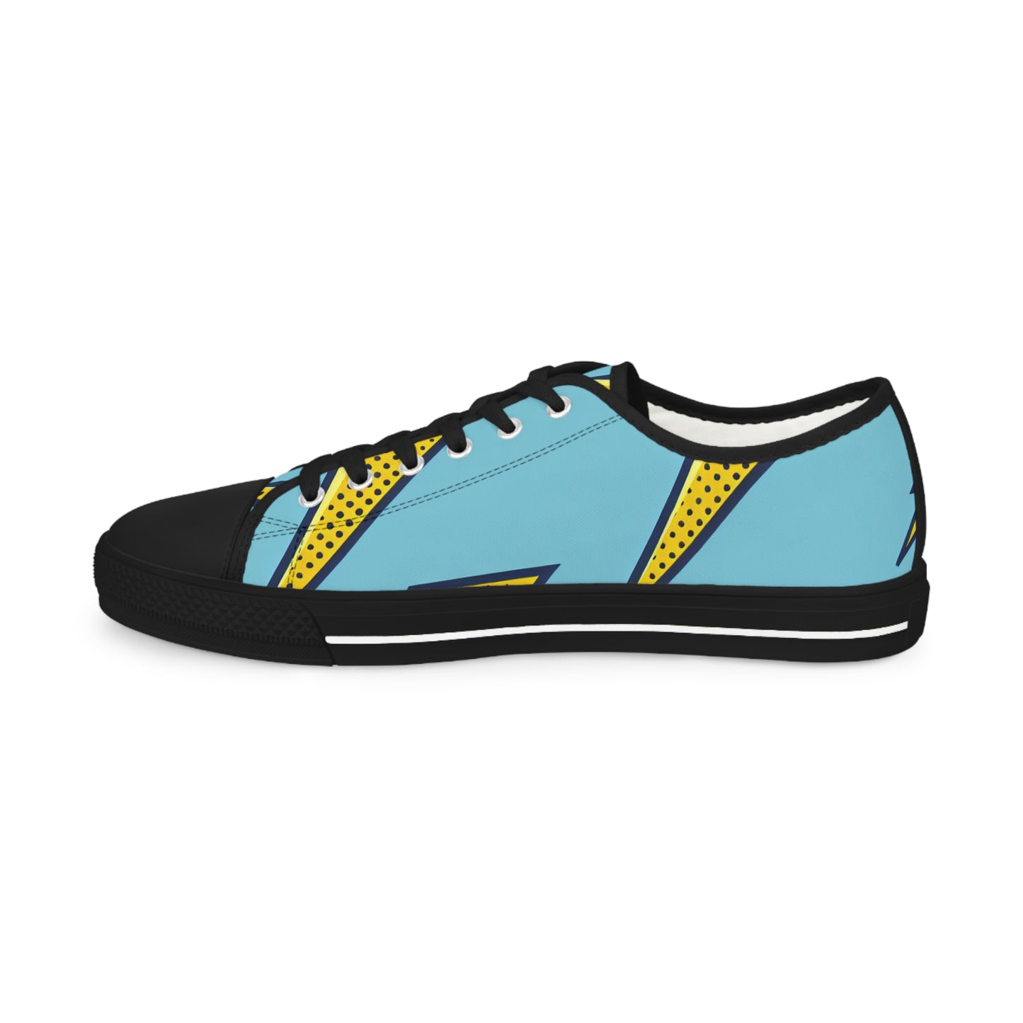 Lifestyle shot of the Volt Manchester Men’s Lowtop Sneakers by Dazzling Dreams Studio, highlighting their vibrant pop art aesthetics, ideal for casual outings and trendy looks.