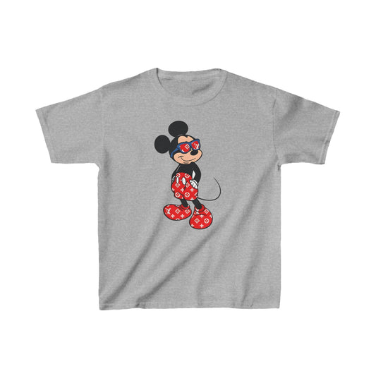 Unisex Kids Mickey Mouse LV Cotton T Shirt Tee Youths Childs in grey, showcasing Mickey Mouse dressed in a chic Louis Vuitton apparel with sunglasses, perfect for fashionable children.