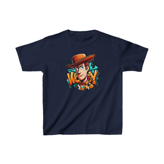 Unisex Children's Woody Toy Story Graphic Cotton Tee in deep navy, showcasing a lively Woody character, ideal for adding a fun twist to children's outfits.