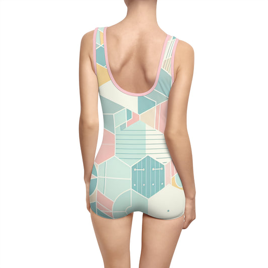 Back view of Sweat Symphony: Harmonizing Symphony Women's Vintage Swimsuit with a flattering U-shaped cut, designed for stylish poolside comfort.