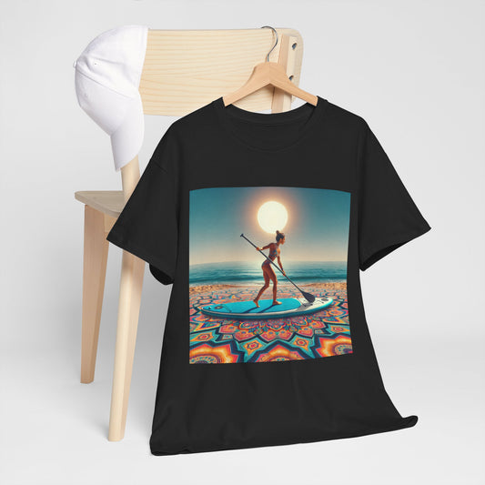 Luxury Paddle Board 14 themed black t-shirt showcased on a wooden hanger alongside a white cap, featuring an artistic depiction of a paddle boarder during sunset, ideal for luxury water sports gear lovers.