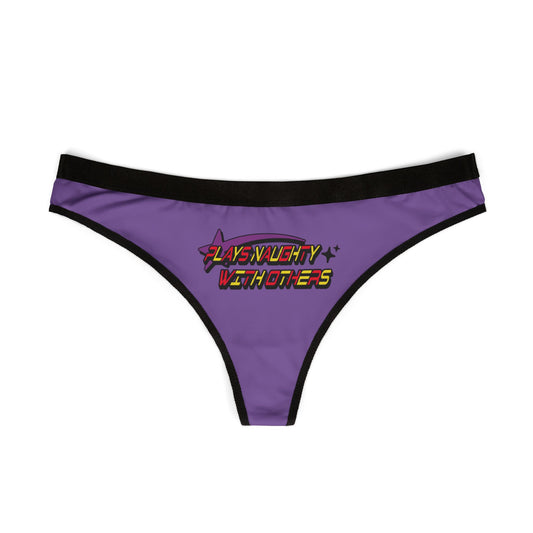 Elegant purple thong displaying the playful message "Plays Naughty with Others", crafted to make a statement and evoke sensuality.
