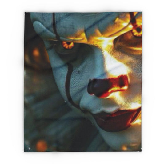 Elegant Decorative and Warm Halloween Pennywise IT Arctic Fleece Blanket showcasing a detailed close-up of a spooky clown design.