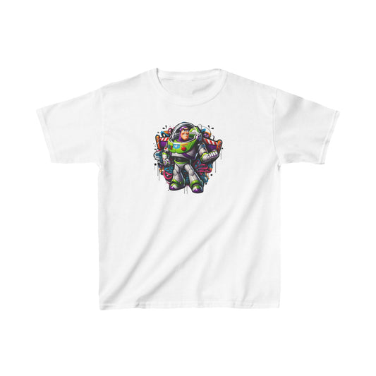 Elegant white unisex graphic tee showcasing a striking Buzz Lightyear print in graffiti art style for children.