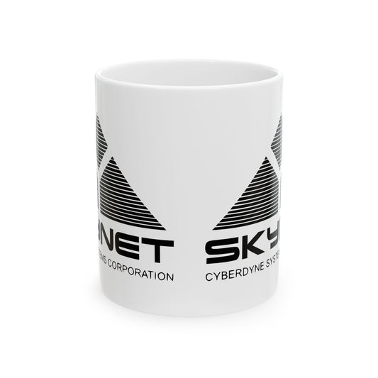 Luxe Skynet Cyberdyne Systems Logo Ceramic Mug – 11oz Retro Sci-Fi Office Mug featuring the iconic logo on a pristine white mug, ideal for any sophisticated office setting.