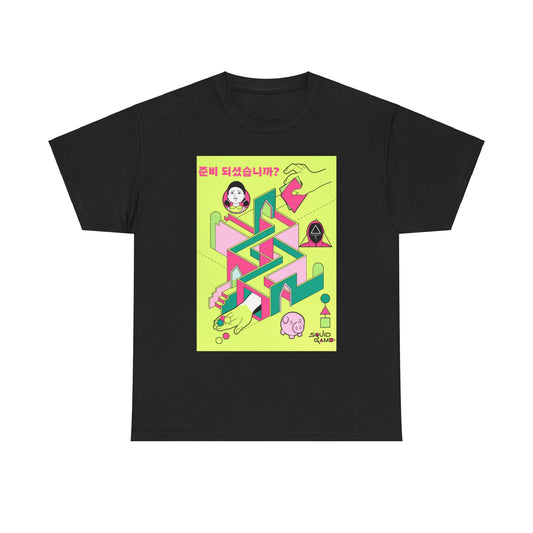 Premium Squid Game-inspired unisex graphic tee showcasing a striking design with intricate illustrations and bold colours, ideal for fashion-forward individuals who embrace unique style.