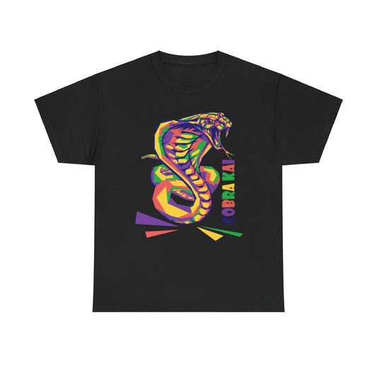 Luxurious Cobra Kai unisex graphic T-shirt featuring a vibrant geometric snake emblem, perfect for martial arts enthusiasts and fans of the iconic series.